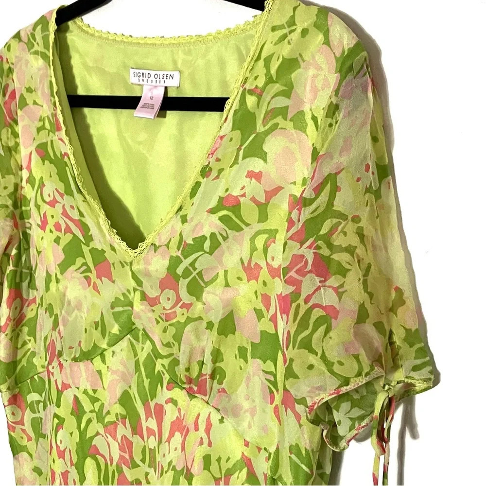 Sigrid Olson 100% Silk Resort Wear Summer Green Botanical V-Neck Slip Dress - Picture 2 of 7